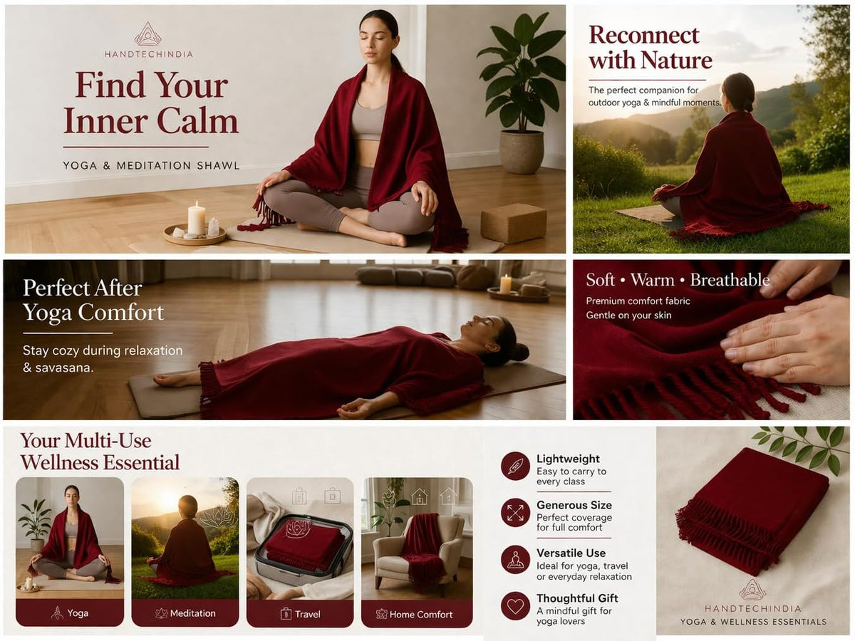 HANDTECHINIDA Tibetan Woolen shawl for Meditation Yoga Travel Champagne Nursing Pashmina Kashmiri Plus size Prayer Wrap