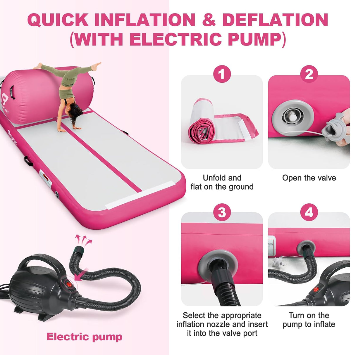 Inflatable Air Gymnastics Mat 4 inches Thickness and Air Roller 40x23.6 inches with Electric Air Pump 10ft/13ft Training Mats for Home Use Cheerleading Outdoor Training Park Yoga Beach