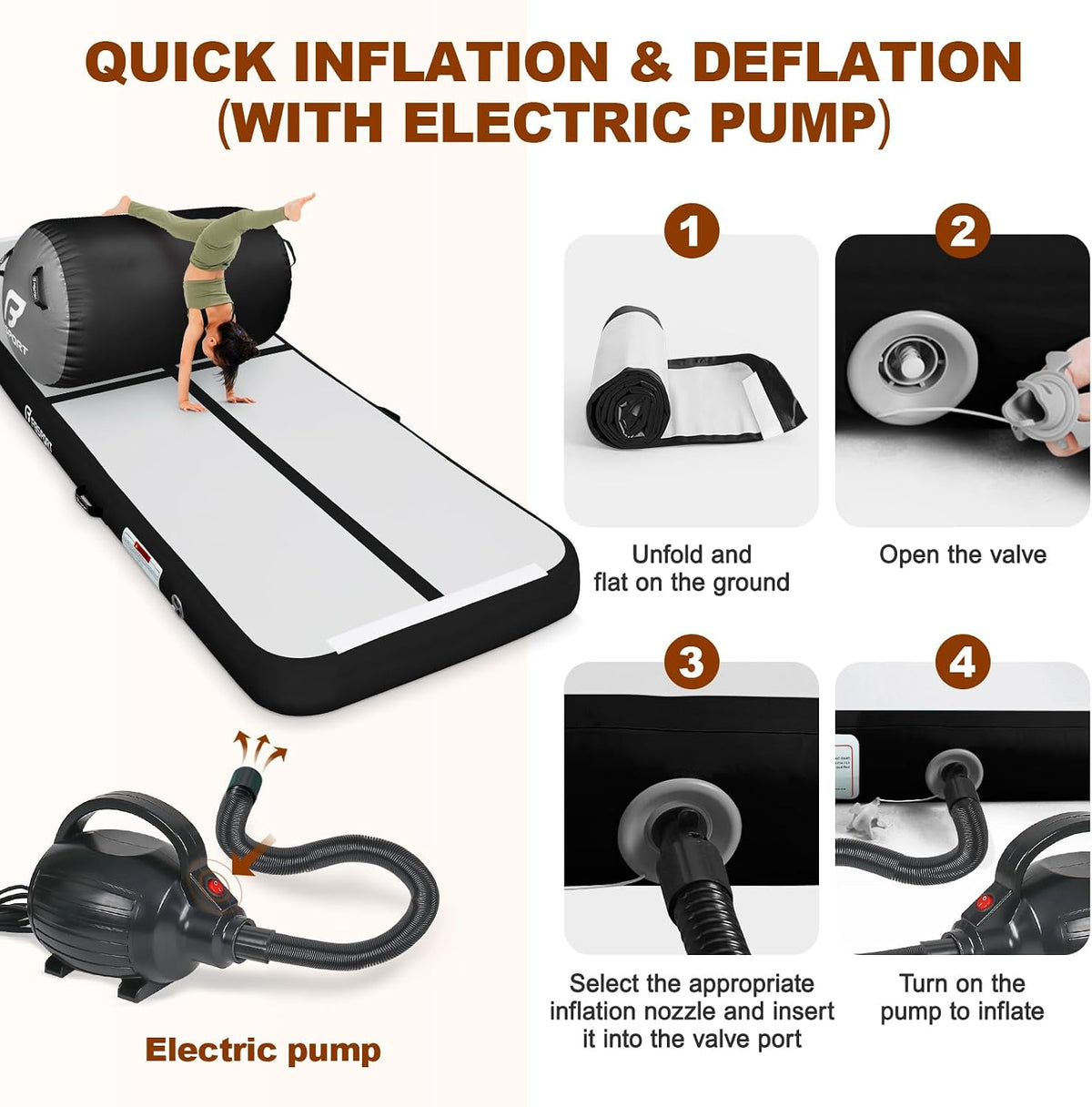 Inflatable Air Gymnastics Mat 4 inches Thickness and Air Roller 40x23.6 inches with Electric Air Pump 10ft/13ft Training Mats for Home Use Cheerleading Outdoor Training Park Yoga Beach
