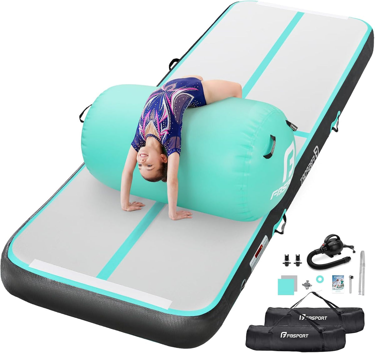 Inflatable Air Gymnastics Mat 4 inches Thickness and Air Roller 40x23.6 inches with Electric Air Pump 10ft/13ft Training Mats for Home Use Cheerleading Outdoor Training Park Yoga Beach
