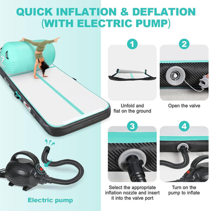 Inflatable Air Gymnastics Mat 4 inches Thickness and Air Roller 40x23.6 inches with Electric Air Pump 10ft/13ft Training Mats for Home Use Cheerleading Outdoor Training Park Yoga Beach