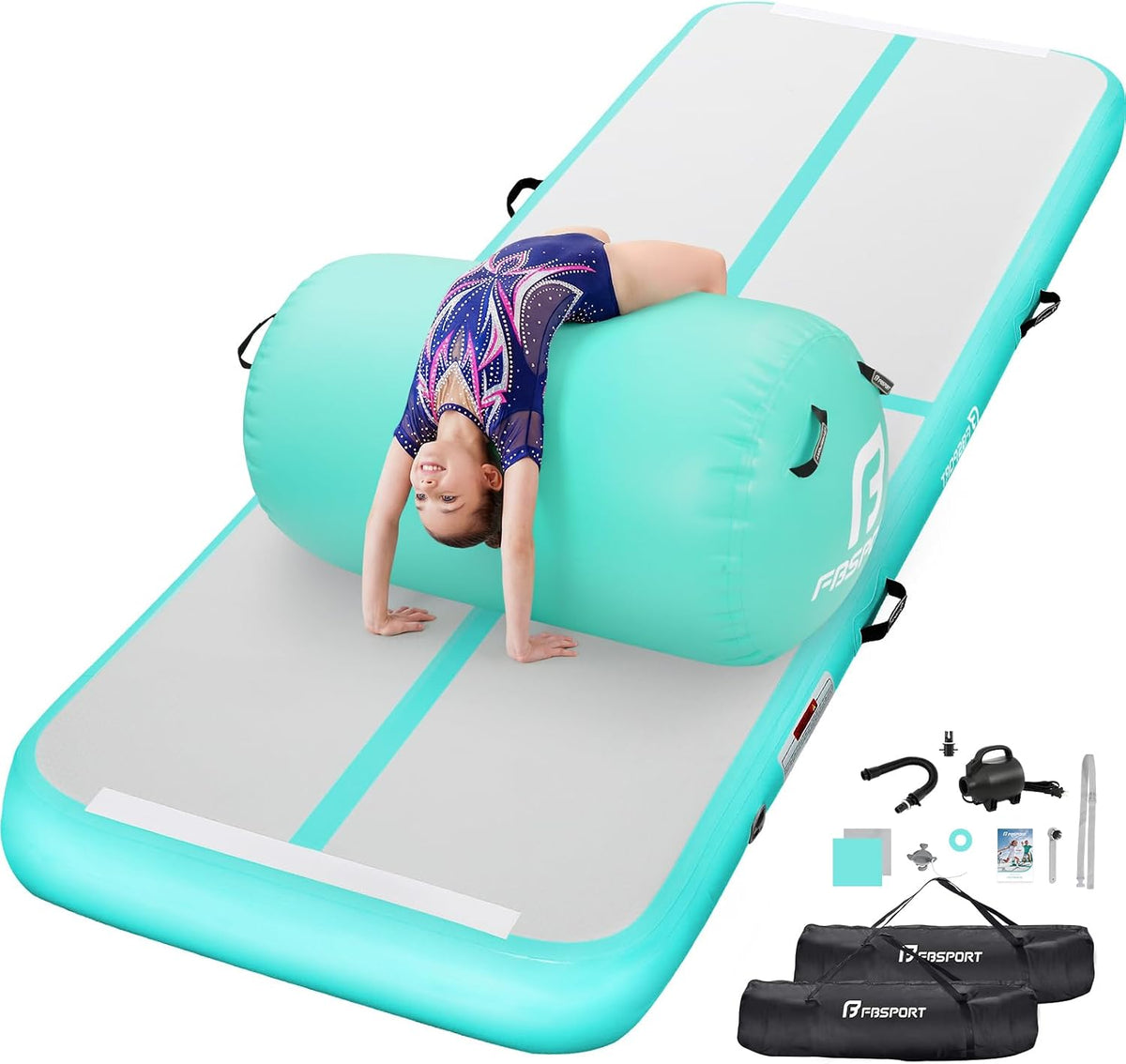 Inflatable Air Gymnastics Mat 4 inches Thickness and Air Roller 40x23.6 inches with Electric Air Pump 10ft/13ft Training Mats for Home Use Cheerleading Outdoor Training Park Yoga Beach