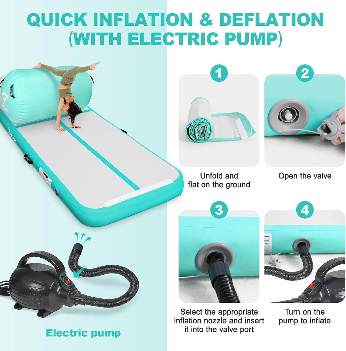 Inflatable Air Gymnastics Mat 4 inches Thickness and Air Roller 40x23.6 inches with Electric Air Pump 10ft/13ft Training Mats for Home Use Cheerleading Outdoor Training Park Yoga Beach