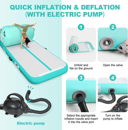Inflatable Air Gymnastics Mat 4 inches Thickness and Air Roller 40x23.6 inches with Electric Air Pump 10ft/13ft Training Mats for Home Use Cheerleading Outdoor Training Park Yoga Beach