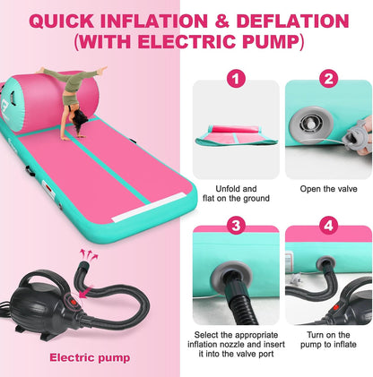 Inflatable Air Gymnastics Mat 4 inches Thickness and Air Roller 40x23.6 inches with Electric Air Pump 10ft/13ft Training Mats for Home Use Cheerleading Outdoor Training Park Yoga Beach
