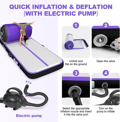 Inflatable Air Gymnastics Mat 4 inches Thickness and Air Roller 40x23.6 inches with Electric Air Pump 10ft/13ft Training Mats for Home Use Cheerleading Outdoor Training Park Yoga Beach