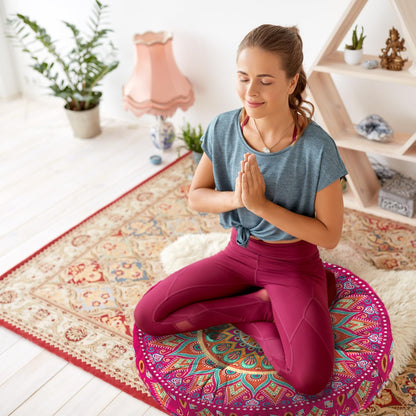 Mandala Meditation Cushion, Boho Meditation Mat, Meditation Pillows for Sitting on Floor, Cushions for Sitting in Home and Outdoor, Round Floor Pillows Cushion Seating for Yoga Accessories 22'' X 22''