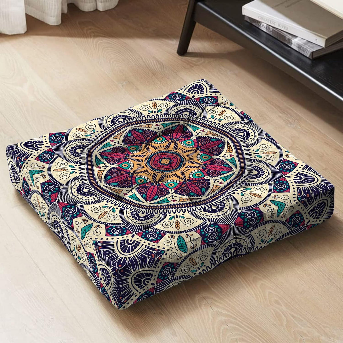 Mandala Meditation Cushion, Boho Meditation Mat, Meditation Pillows for Sitting on Floor, Cushions for Sitting in Home and Outdoor, Round Floor Pillows Cushion Seating for Yoga Accessories 22'' X 22''