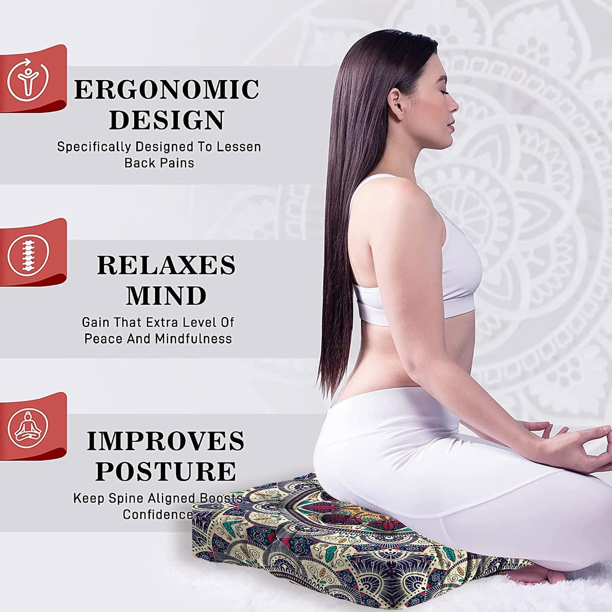 Mandala Meditation Cushion, Boho Meditation Mat, Meditation Pillows for Sitting on Floor, Cushions for Sitting in Home and Outdoor, Round Floor Pillows Cushion Seating for Yoga Accessories 22'' X 22''