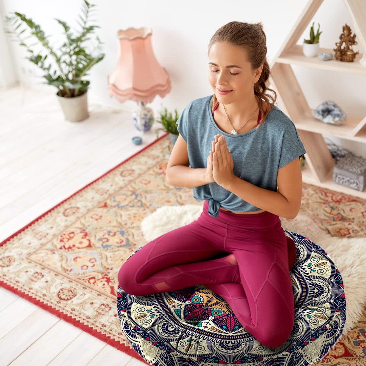Mandala Meditation Cushion, Boho Meditation Mat, Meditation Pillows for Sitting on Floor, Cushions for Sitting in Home and Outdoor, Round Floor Pillows Cushion Seating for Yoga Accessories 22'' X 22''