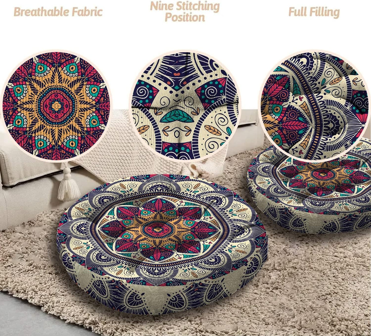 Mandala Meditation Cushion, Boho Meditation Mat, Meditation Pillows for Sitting on Floor, Cushions for Sitting in Home and Outdoor, Round Floor Pillows Cushion Seating for Yoga Accessories 22'' X 22''
