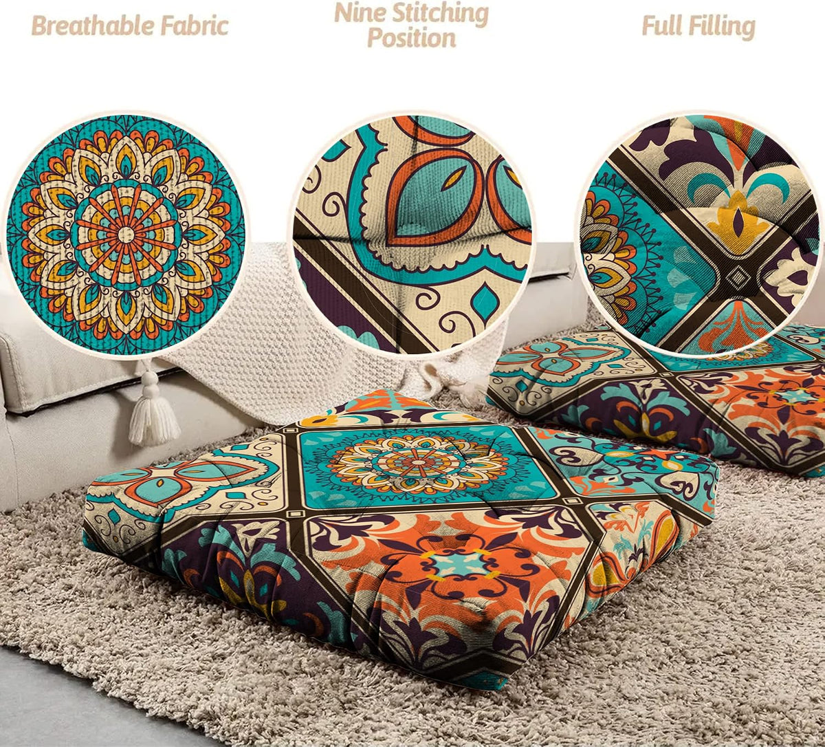 Mandala Meditation Cushion, Boho Meditation Mat, Meditation Pillows for Sitting on Floor, Cushions for Sitting in Home and Outdoor, Round Floor Pillows Cushion Seating for Yoga Accessories 22'' X 22''