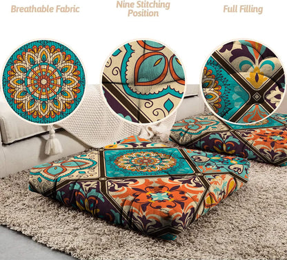 Mandala Meditation Cushion, Boho Meditation Mat, Meditation Pillows for Sitting on Floor, Cushions for Sitting in Home and Outdoor, Round Floor Pillows Cushion Seating for Yoga Accessories 22'' X 22''