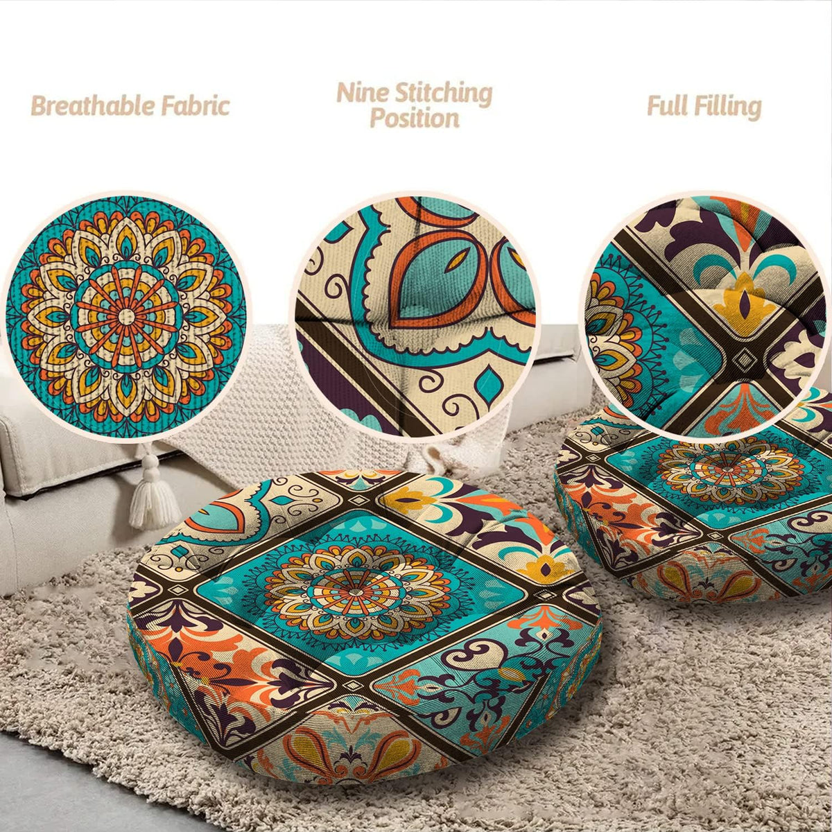 Mandala Meditation Cushion, Boho Meditation Mat, Meditation Pillows for Sitting on Floor, Cushions for Sitting in Home and Outdoor, Round Floor Pillows Cushion Seating for Yoga Accessories 22'' X 22''