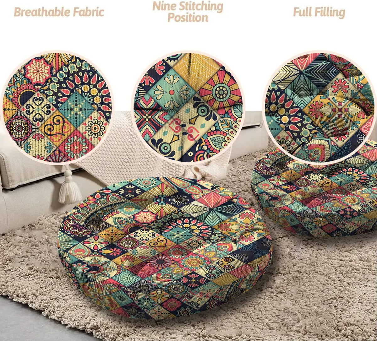 Mandala Meditation Cushion, Boho Meditation Mat, Meditation Pillows for Sitting on Floor, Cushions for Sitting in Home and Outdoor, Round Floor Pillows Cushion Seating for Yoga Accessories 22'' X 22''