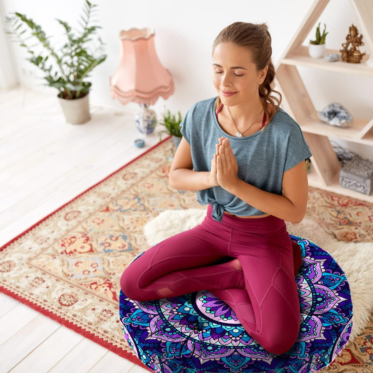 Mandala Meditation Cushion, Boho Meditation Mat, Meditation Pillows for Sitting on Floor, Cushions for Sitting in Home and Outdoor, Round Floor Pillows Cushion Seating for Yoga Accessories 22'' X 22''