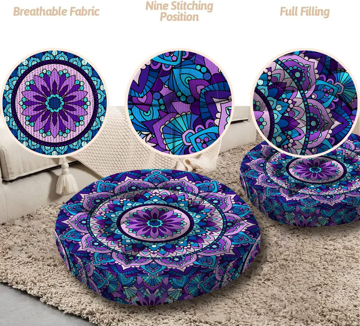 Mandala Meditation Cushion, Boho Meditation Mat, Meditation Pillows for Sitting on Floor, Cushions for Sitting in Home and Outdoor, Round Floor Pillows Cushion Seating for Yoga Accessories 22'' X 22''