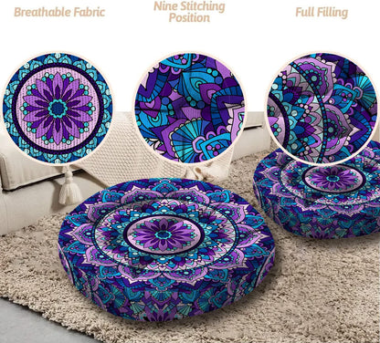 Mandala Meditation Cushion, Boho Meditation Mat, Meditation Pillows for Sitting on Floor, Cushions for Sitting in Home and Outdoor, Round Floor Pillows Cushion Seating for Yoga Accessories 22'' X 22''