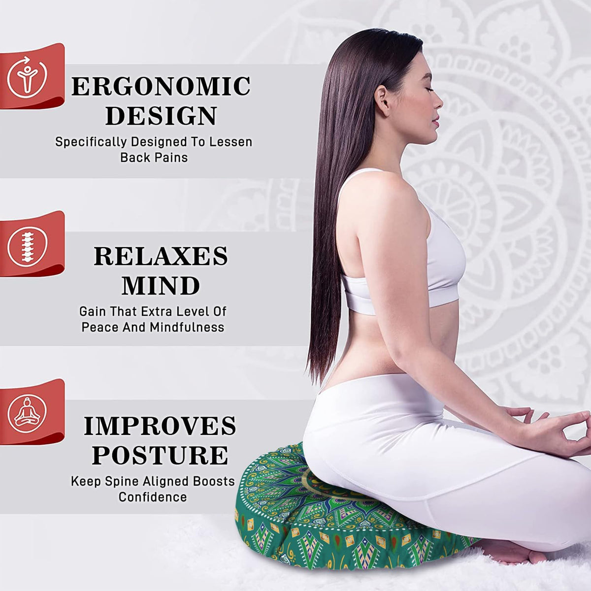 Mandala Meditation Cushion, Boho Meditation Mat, Meditation Pillows for Sitting on Floor, Cushions for Sitting in Home and Outdoor, Round Floor Pillows Cushion Seating for Yoga Accessories 22'' X 22''