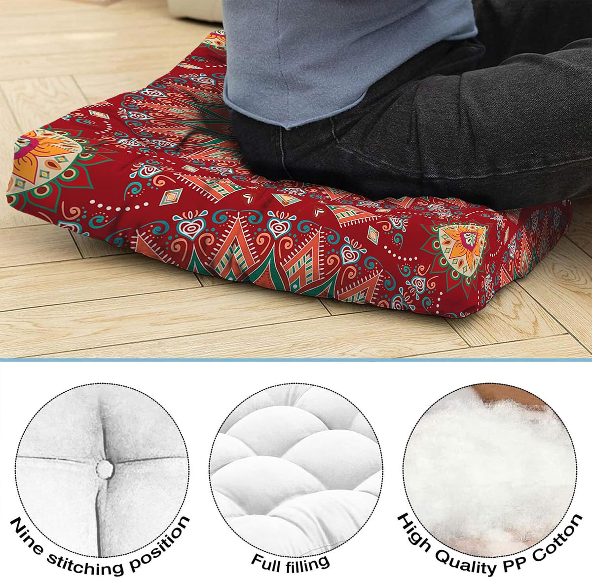 Mandala Meditation Cushion, Boho Meditation Mat, Meditation Pillows for Sitting on Floor, Cushions for Sitting in Home and Outdoor, Round Floor Pillows Cushion Seating for Yoga Accessories 22'' X 22''