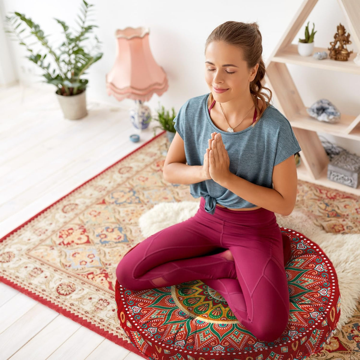 Mandala Meditation Cushion, Boho Meditation Mat, Meditation Pillows for Sitting on Floor, Cushions for Sitting in Home and Outdoor, Round Floor Pillows Cushion Seating for Yoga Accessories 22'' X 22''