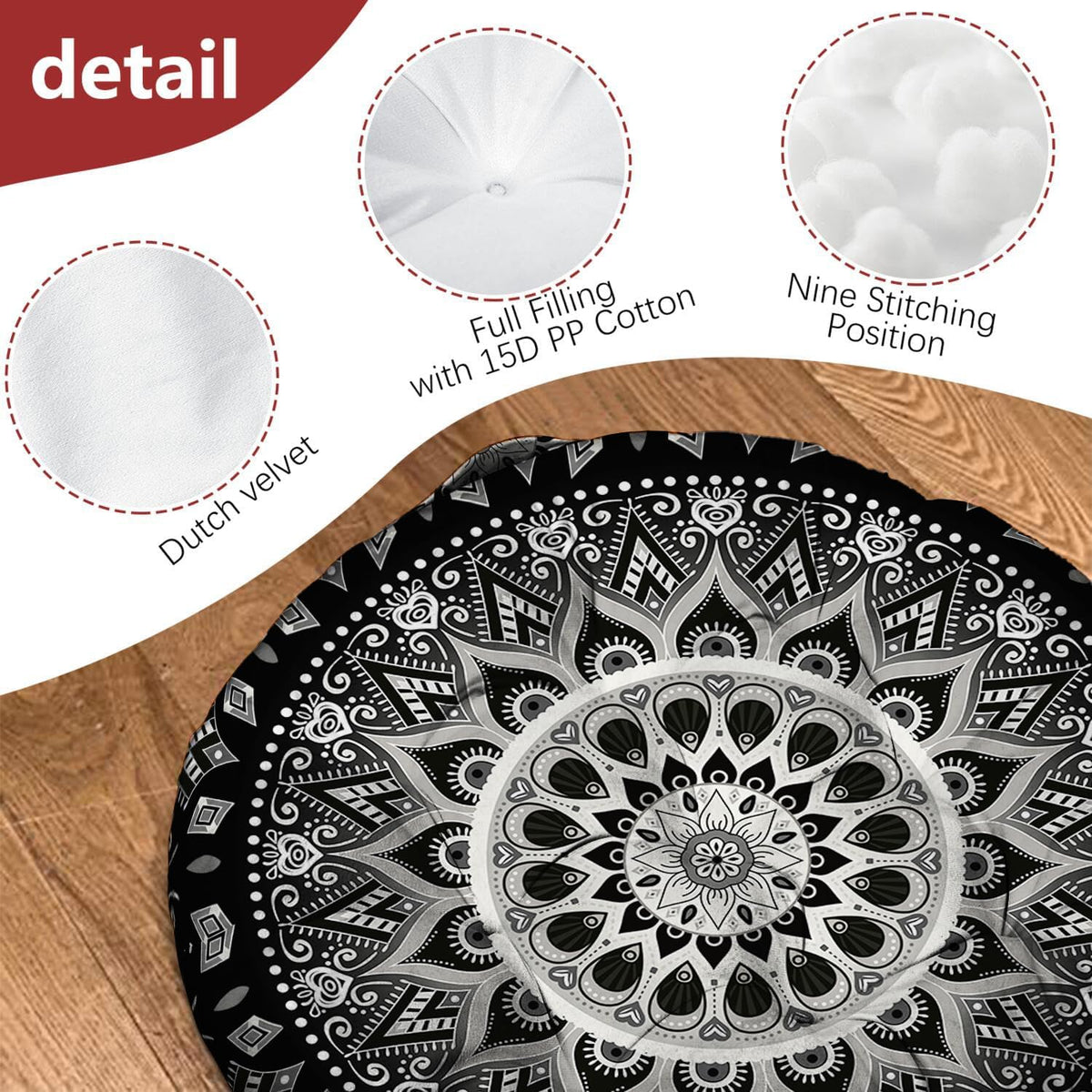 Mandala Meditation Cushion, Boho Meditation Mat, Meditation Pillows for Sitting on Floor, Cushions for Sitting in Home and Outdoor, Round Floor Pillows Cushion Seating for Yoga Accessories 22'' X 22''