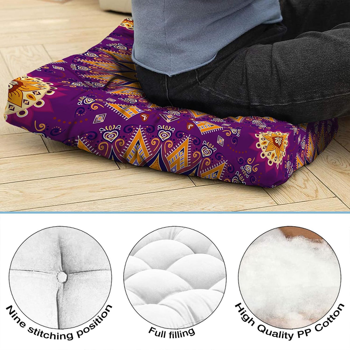 Mandala Meditation Cushion, Boho Meditation Mat, Meditation Pillows for Sitting on Floor, Cushions for Sitting in Home and Outdoor, Round Floor Pillows Cushion Seating for Yoga Accessories 22'' X 22''