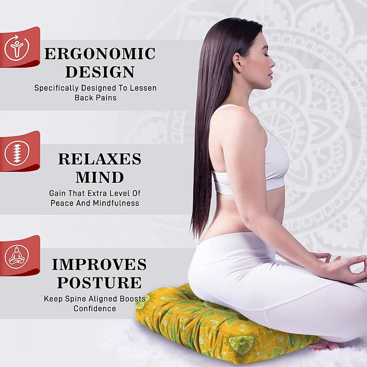 Mandala Meditation Cushion, Boho Meditation Mat, Meditation Pillows for Sitting on Floor, Cushions for Sitting in Home and Outdoor, Round Floor Pillows Cushion Seating for Yoga Accessories 22'' X 22''