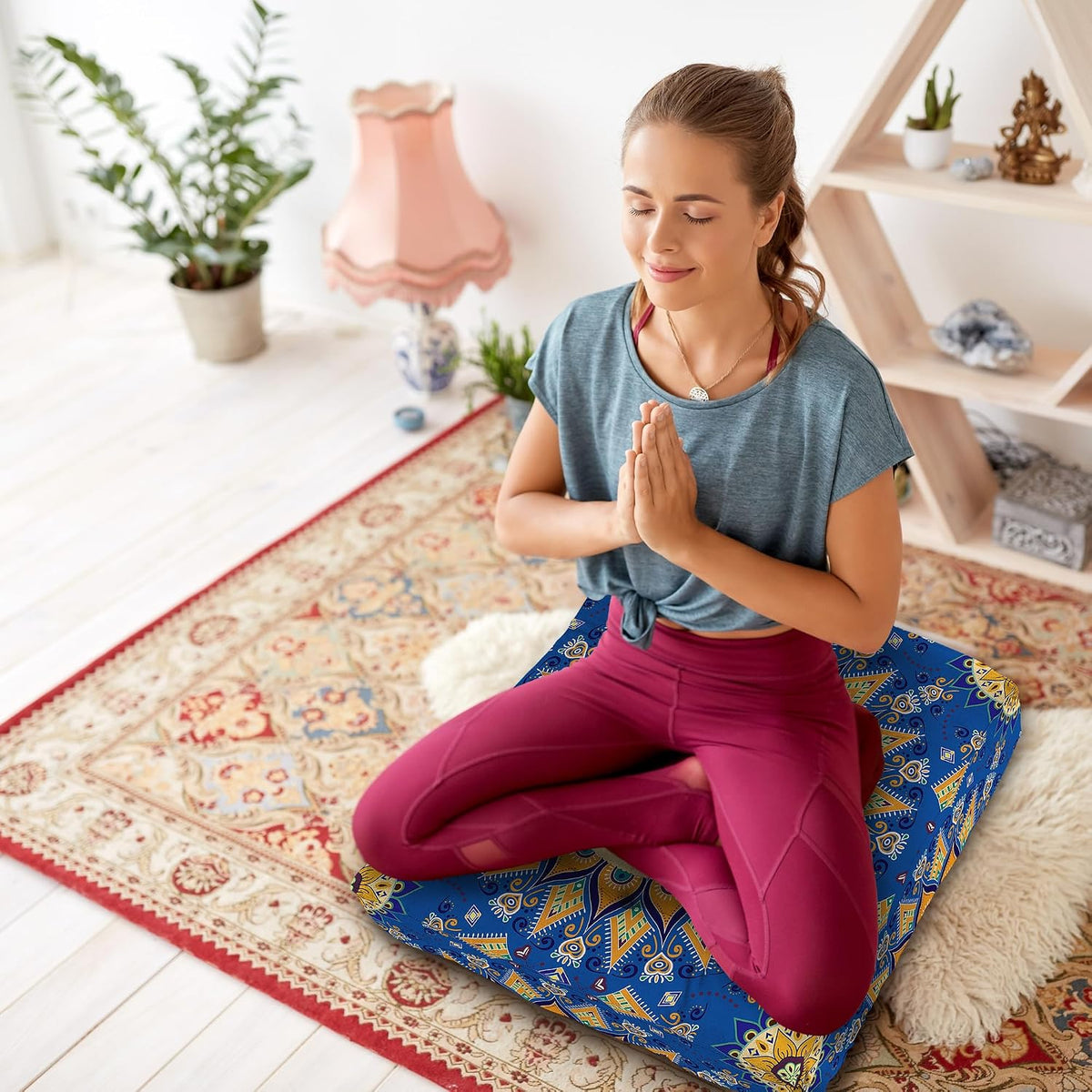 Mandala Meditation Cushion, Boho Meditation Mat, Meditation Pillows for Sitting on Floor, Cushions for Sitting in Home and Outdoor, Round Floor Pillows Cushion Seating for Yoga Accessories 22'' X 22''