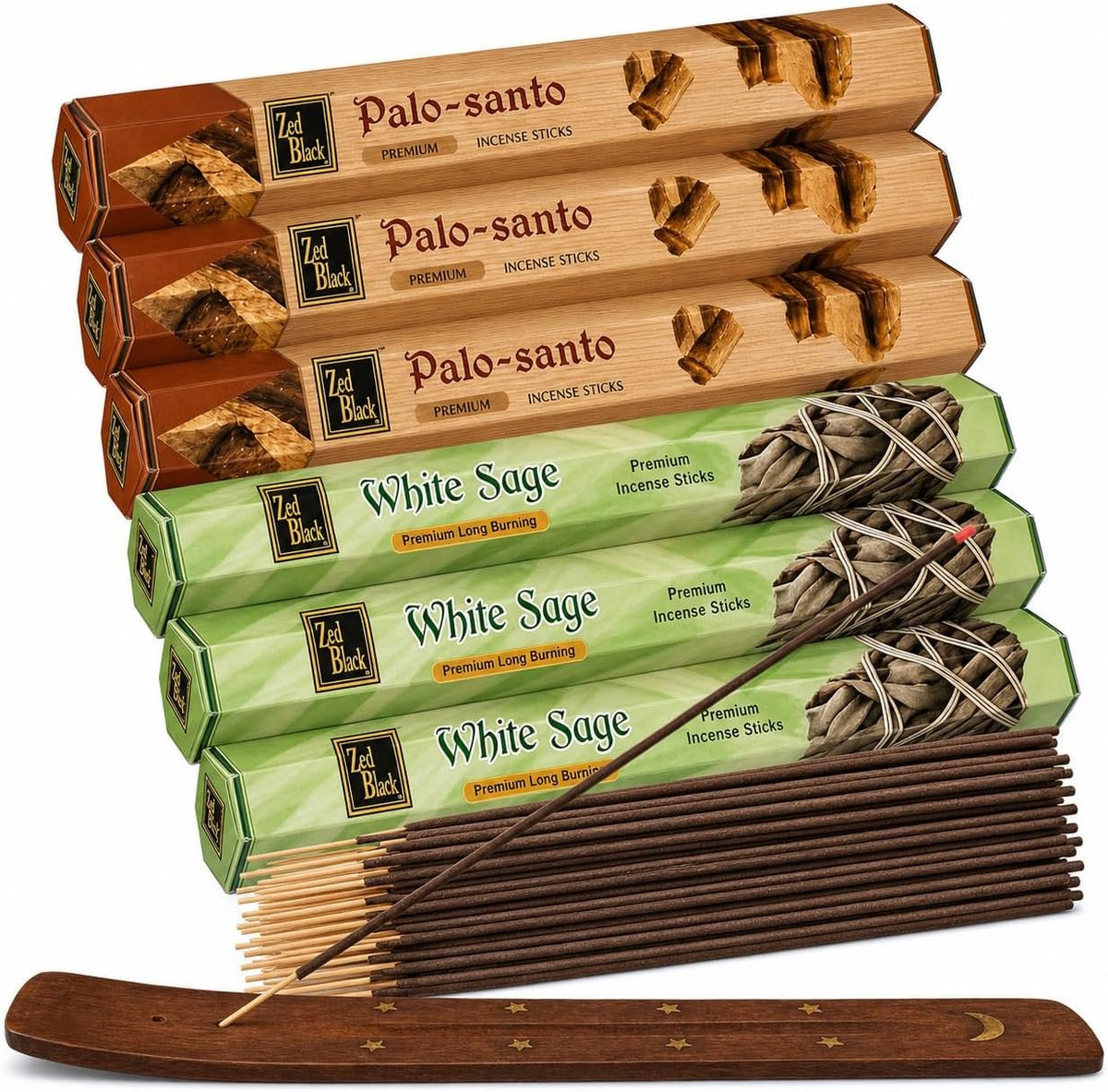 White Sage & Palo Santo Incense Sticks, 6-Pack with Wooden Holder