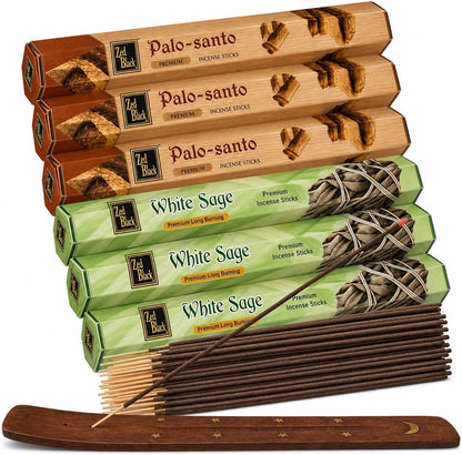 White Sage & Palo Santo Incense Sticks, 6-Pack with Wooden Holder