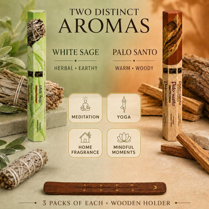 White Sage & Palo Santo Incense Sticks, 6-Pack with Wooden Holder