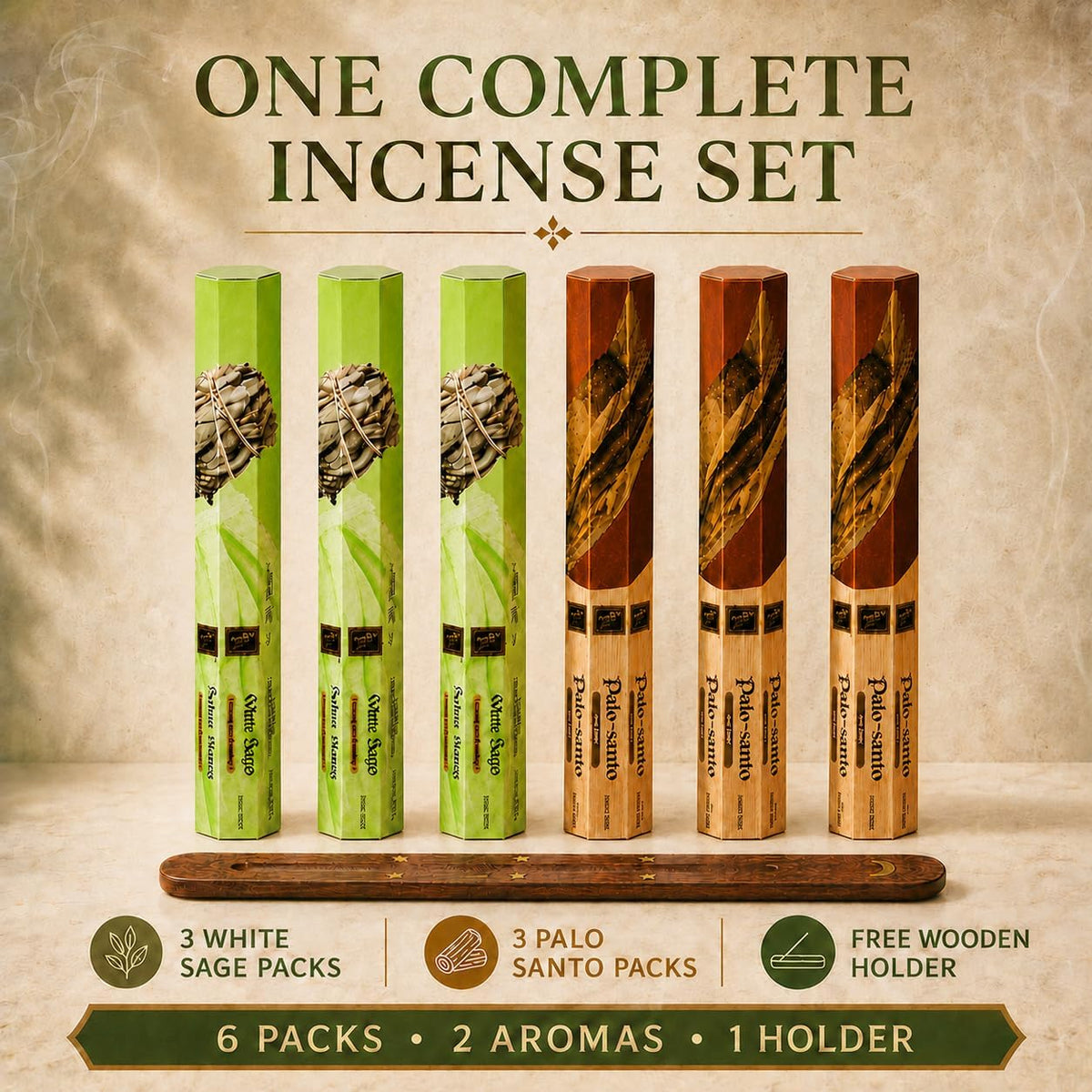 White Sage & Palo Santo Incense Sticks, 6-Pack with Wooden Holder