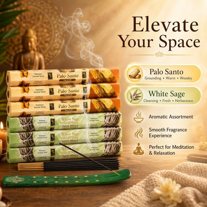 White Sage & Palo Santo Incense Sticks, 6-Pack with Wooden Holder