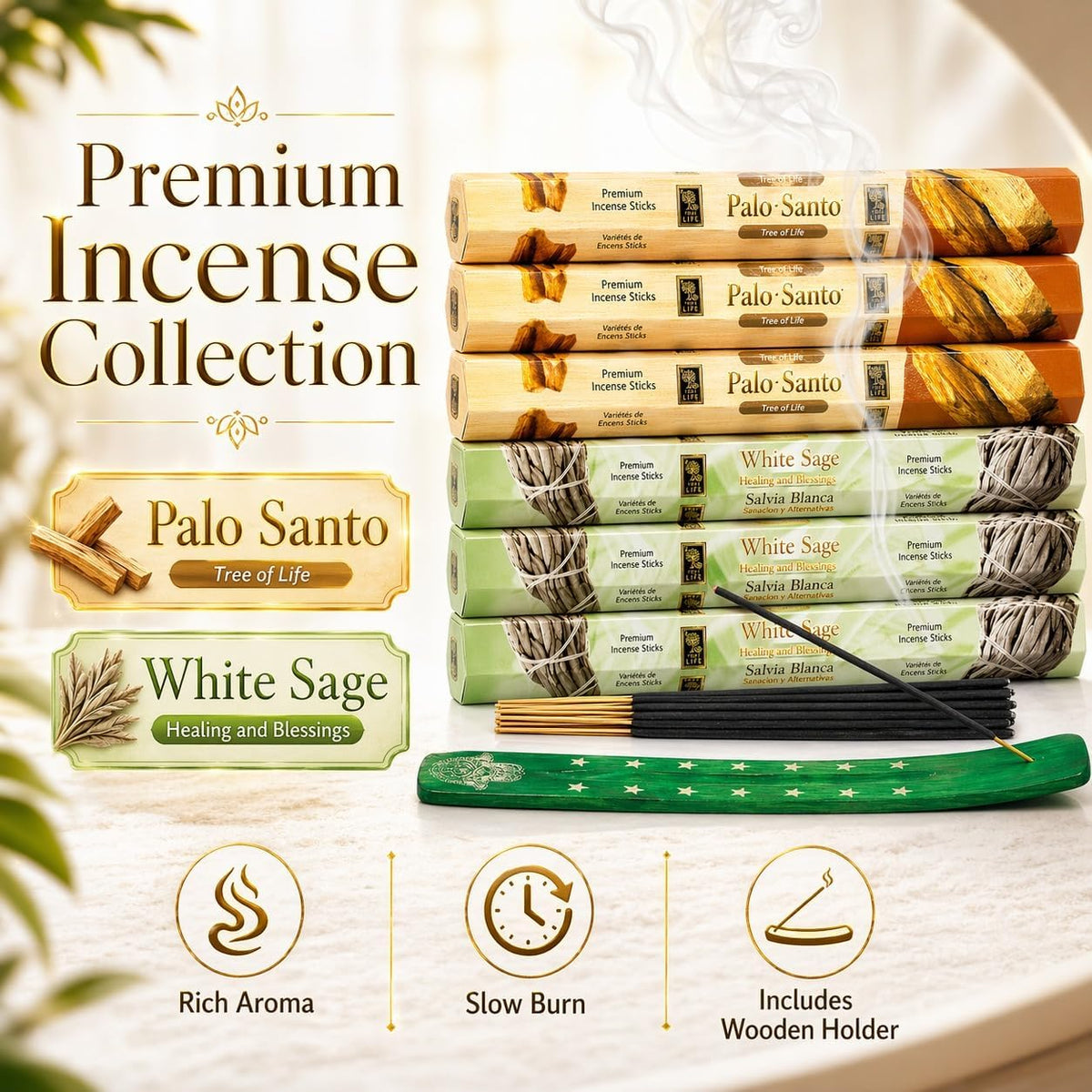 White Sage & Palo Santo Incense Sticks, 6-Pack with Wooden Holder