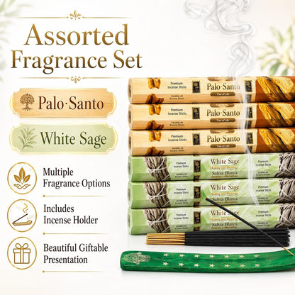 White Sage & Palo Santo Incense Sticks, 6-Pack with Wooden Holder