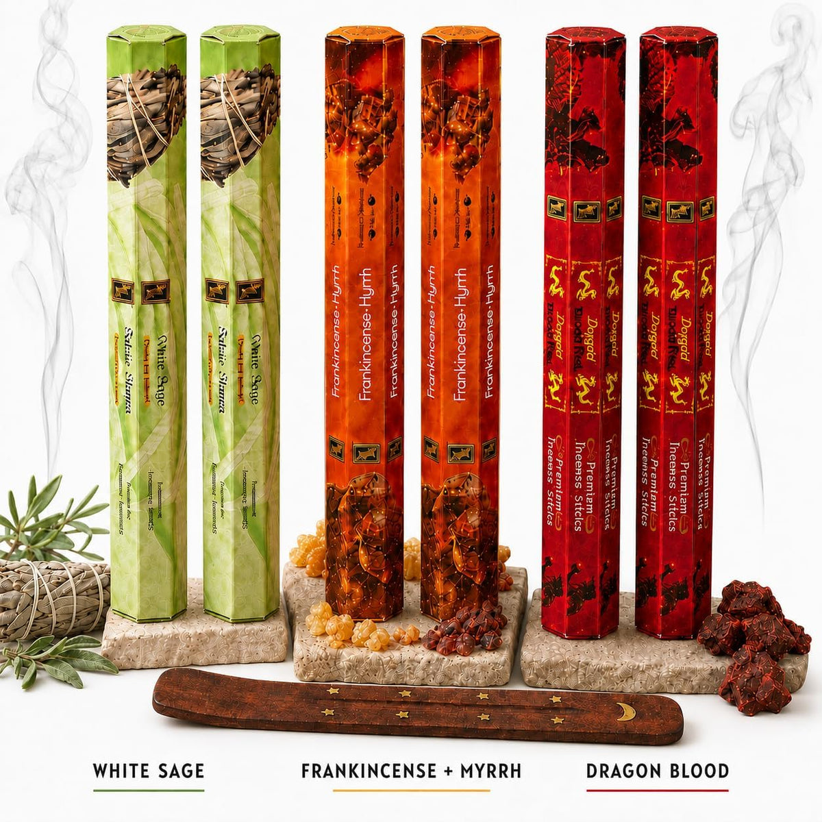 White Sage & Palo Santo Incense Sticks, 6-Pack with Wooden Holder