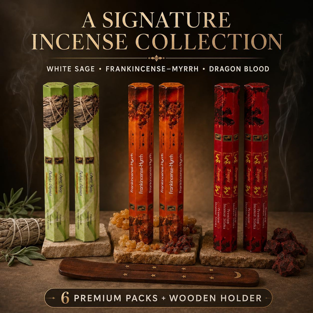 White Sage & Palo Santo Incense Sticks, 6-Pack with Wooden Holder