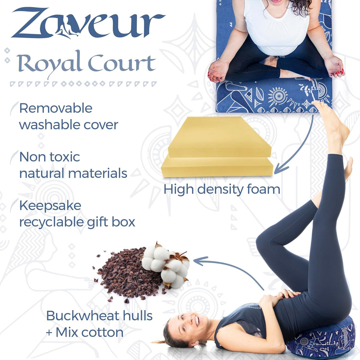 Zaveur Royal Court Meditation Mat With Velvet Cover - 24" x 24" Square Zabuton Thick Yoga Mat - Non Slip Exercise Mat for Workout - Thick Foam Exercise Floor Mat for Zafu or Bench