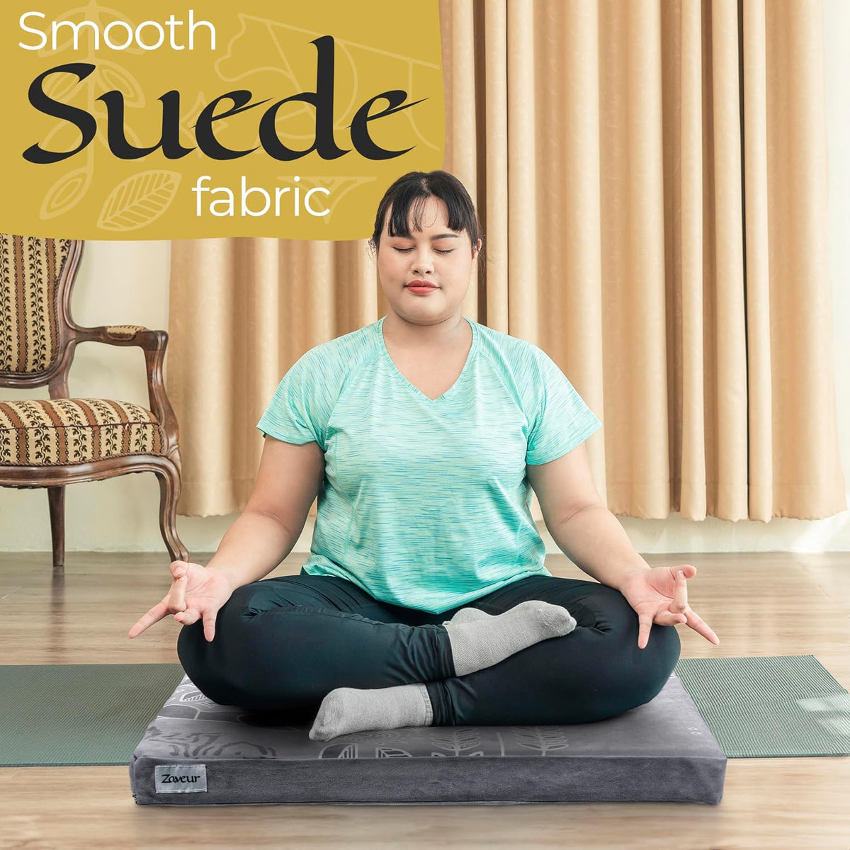 Zaveur Royal Court Meditation Mat With Velvet Cover - 24" x 24" Square Zabuton Thick Yoga Mat - Non Slip Exercise Mat for Workout - Thick Foam Exercise Floor Mat for Zafu or Bench