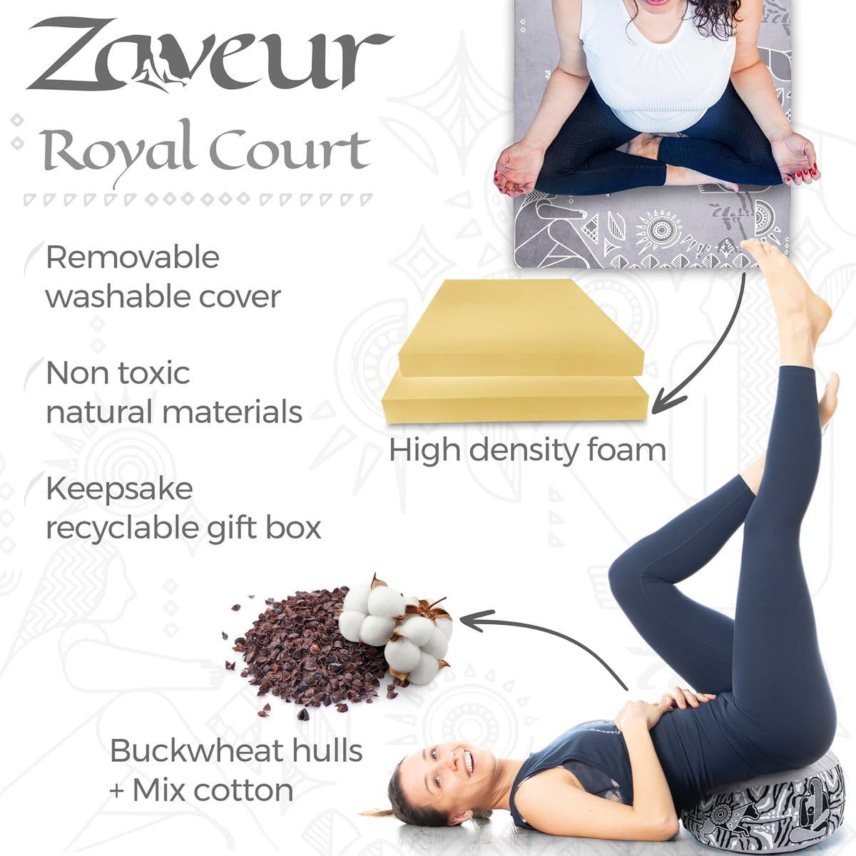 Zaveur Royal Court Meditation Mat With Velvet Cover - 24" x 24" Square Zabuton Thick Yoga Mat - Non Slip Exercise Mat for Workout - Thick Foam Exercise Floor Mat for Zafu or Bench