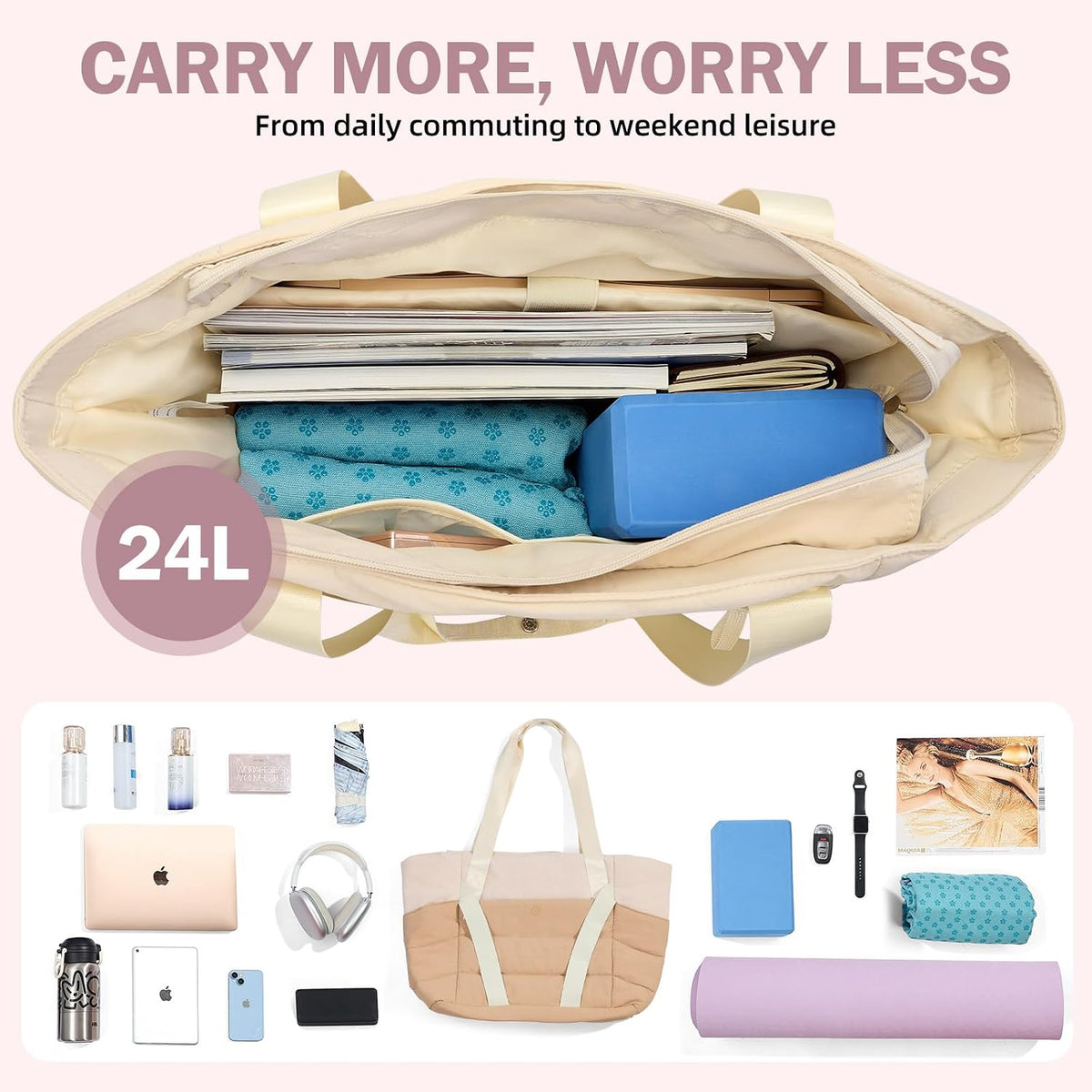 Axcone Women's Yoga Tote Bag with Luggage Sleeve & Mat Straps - Gym Work Bag for Office, Commute, Sports,Travel