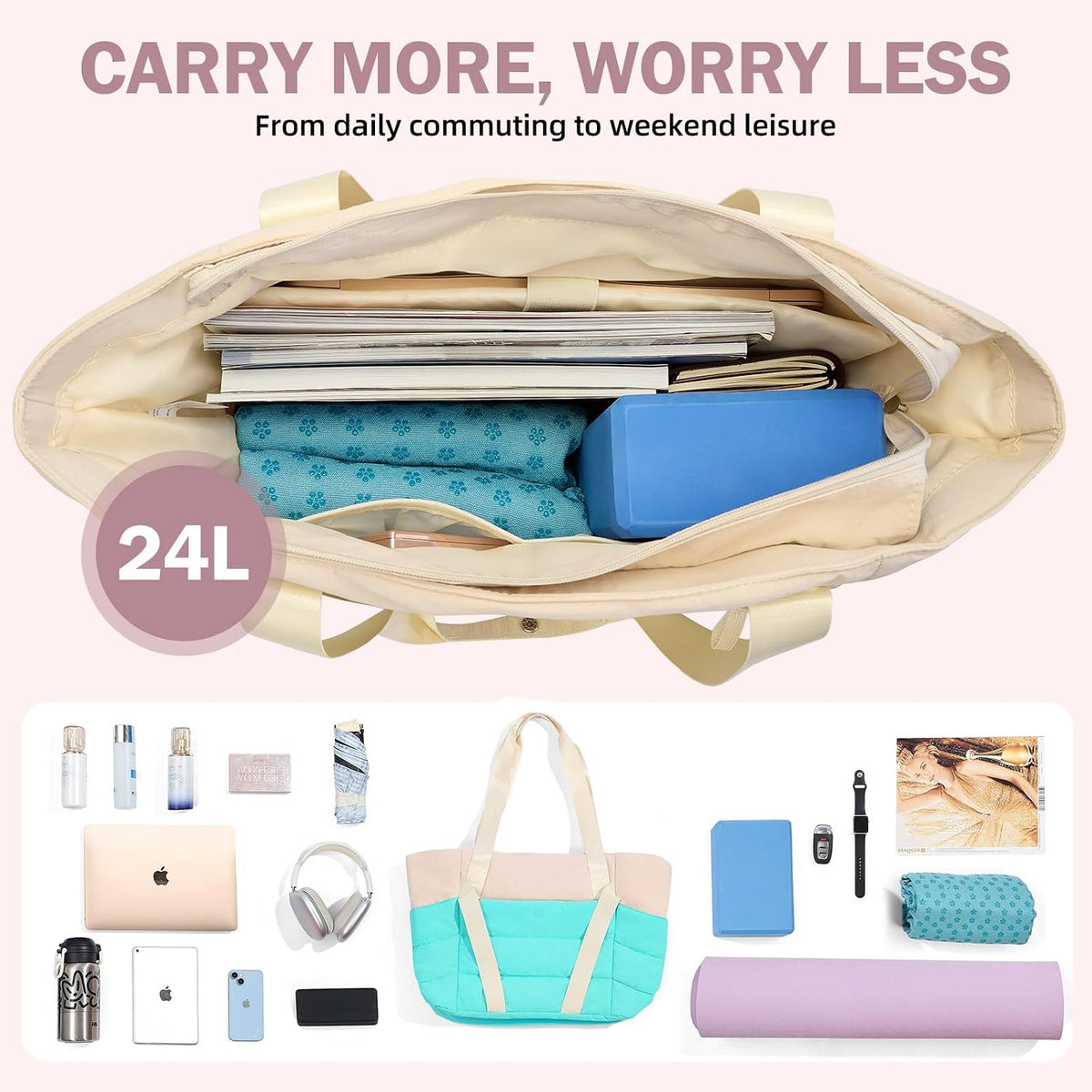 Axcone Women's Yoga Tote Bag with Luggage Sleeve & Mat Straps - Gym Work Bag for Office, Commute, Sports,Travel