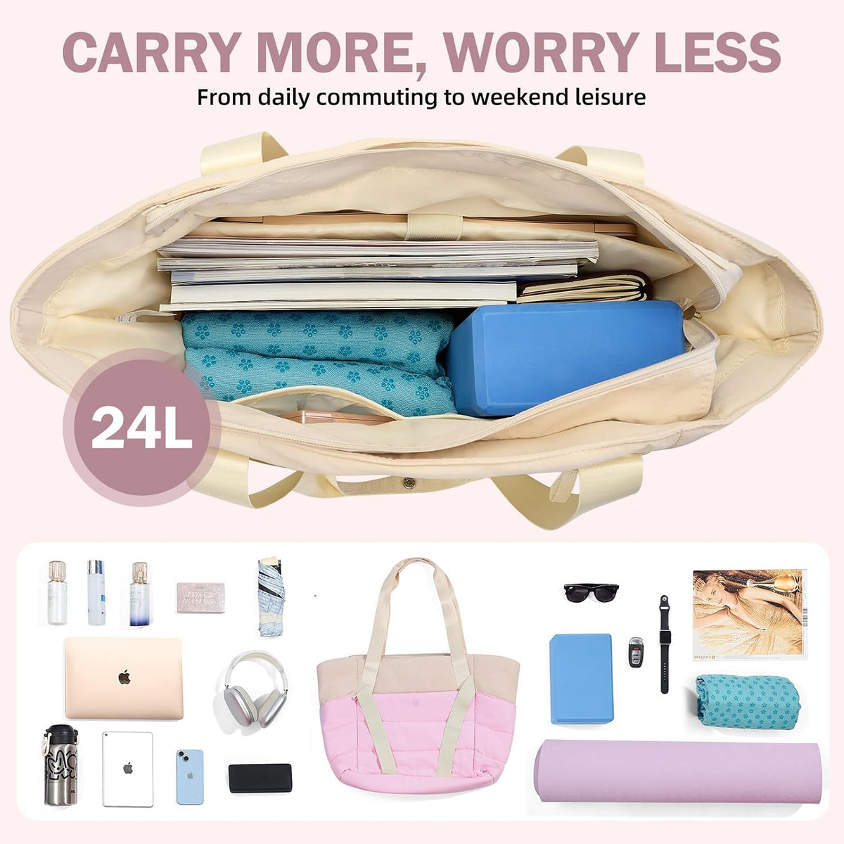 Axcone Women's Yoga Tote Bag with Luggage Sleeve & Mat Straps - Gym Work Bag for Office, Commute, Sports,Travel