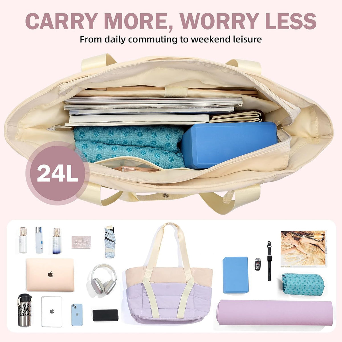 Axcone Women's Yoga Tote Bag with Luggage Sleeve & Mat Straps - Gym Work Bag for Office, Commute, Sports,Travel