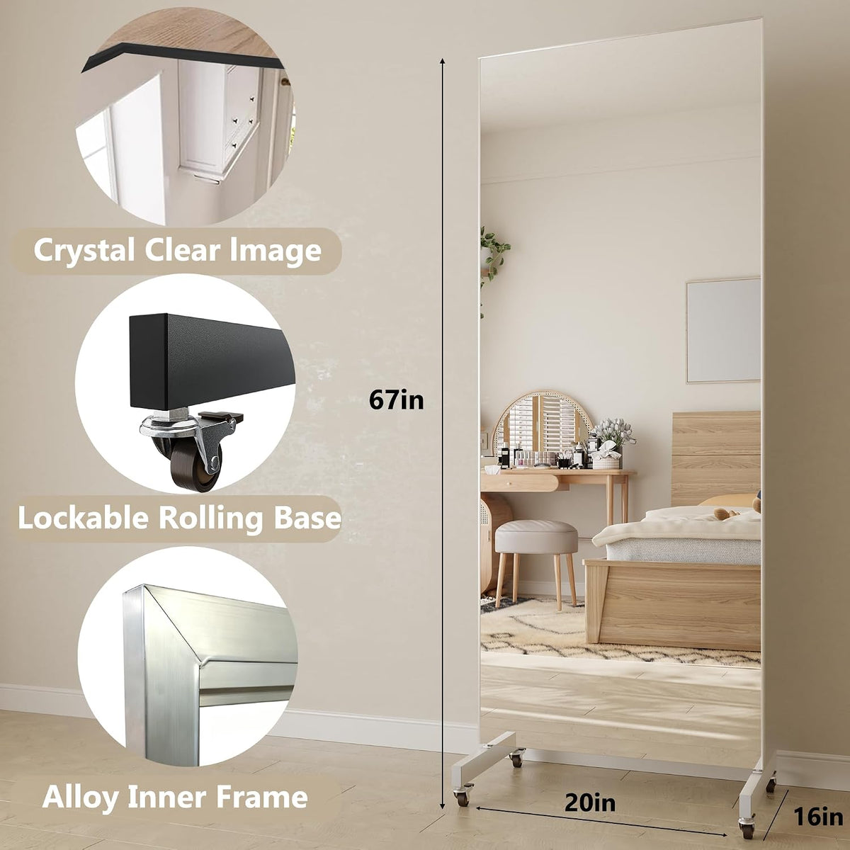 67"x20" Full Length Floor Mirror with Wheels,Glassless Shatterproof Mirror