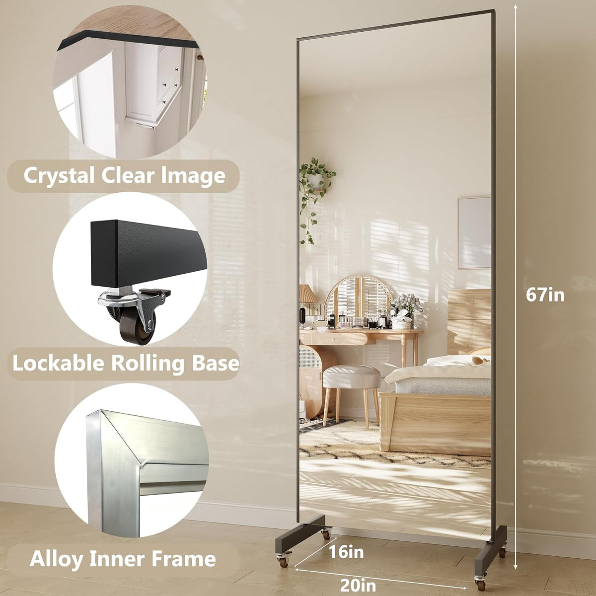 67"x20" Full Length Floor Mirror with Wheels,Glassless Shatterproof Mirror