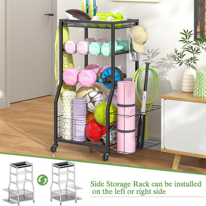 Home Gym Storage Rack, Dumbbell Rack with Yoga Mat Storage, Weight Rack Stand with Lockable Wheels and Hooks, Home Workout Equipment Organizer for Yoga, Dumbbell, Kettlebells, Ball Storage