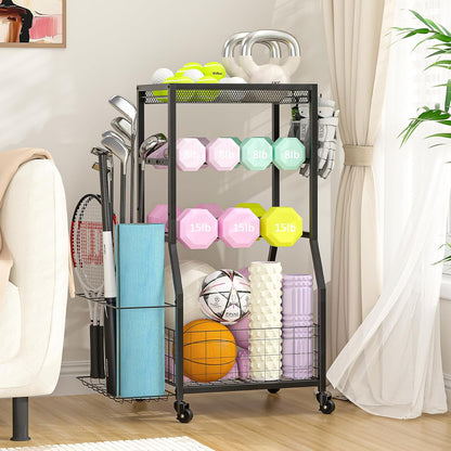 Home Gym Storage Rack, Dumbbell Rack with Yoga Mat Storage, Weight Rack Stand with Lockable Wheels and Hooks, Home Workout Equipment Organizer for Yoga, Dumbbell, Kettlebells, Ball Storage