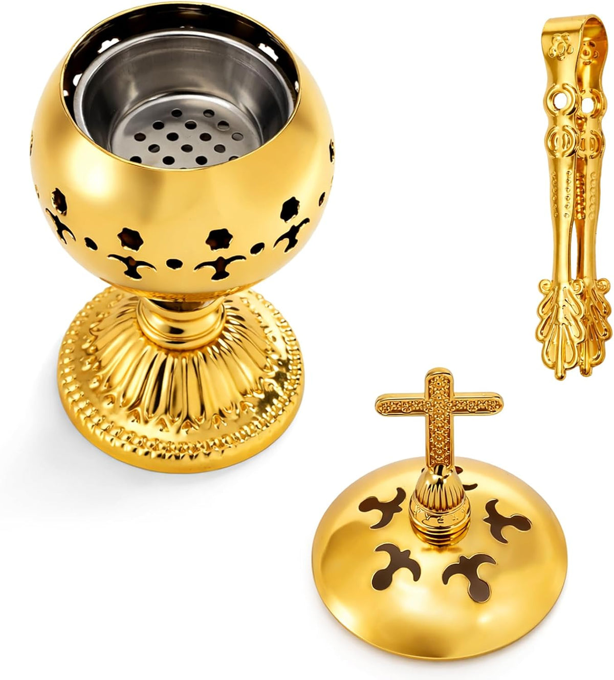 Catholic Incense Burner with Tong, Gold Metal Bakhoor Frankincense Resin Burner, Brass Plated Charcoal Incense Censer Stand with Cross for Christian Church, Home, Yoga, Spa Aromatherapy